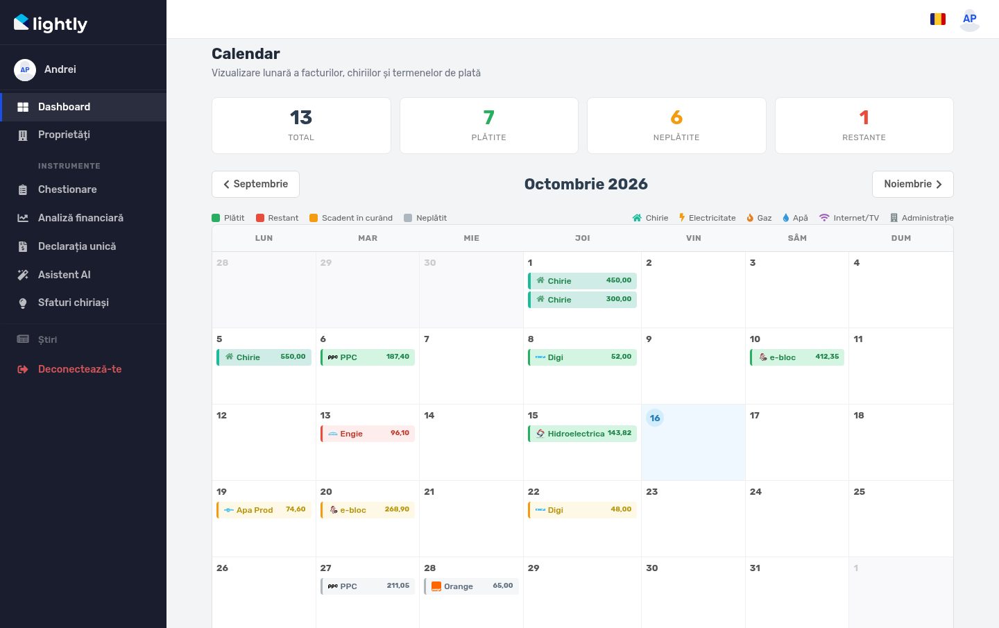 Calendarul Lightly: chiriile și facturile de utilități ale lunii, aduse automat, cu scadența și starea fiecăreia (plătită, restantă, scadentă în curând)